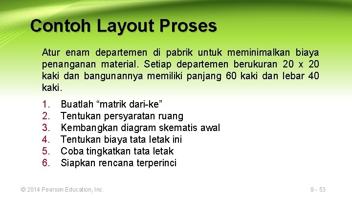 Contoh Layout Proses Atur enam departemen di pabrik untuk meminimalkan biaya penanganan material. Setiap