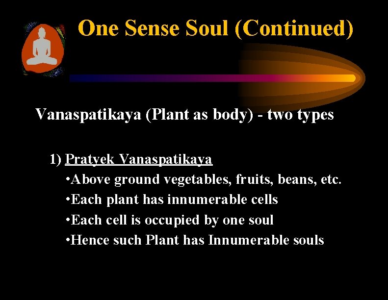 One Sense Soul (Continued) Vanaspatikaya (Plant as body) - two types 1) Pratyek Vanaspatikaya