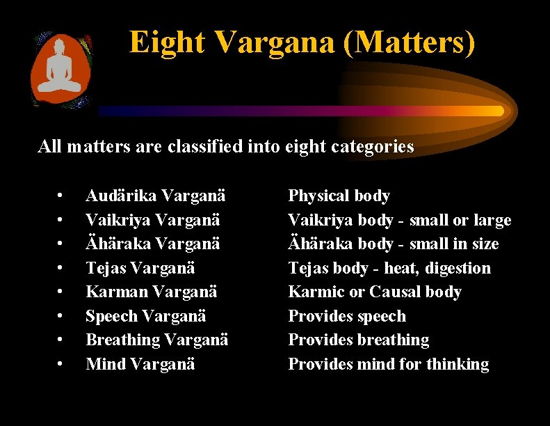 Eight Vargana (Matters) All matters are classified into eight categories • • Audärika Varganä