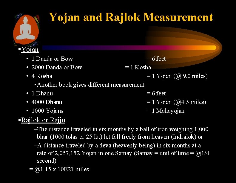 Yojan and Rajlok Measurement §Yojan • 1 Danda or Bow = 6 feet •