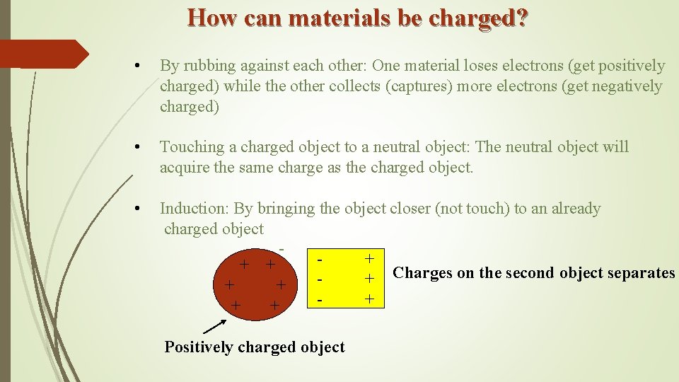 How can materials be charged? • By rubbing against each other: One material loses