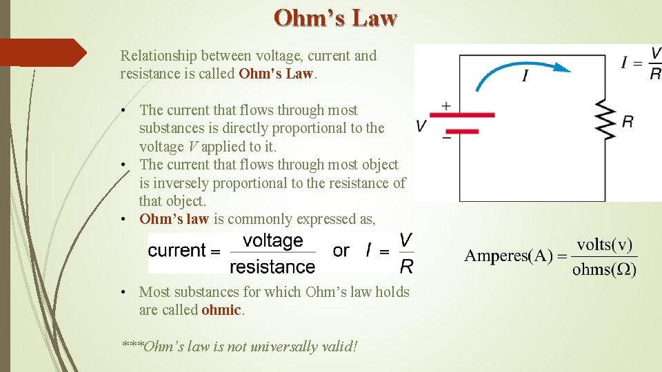 Ohm’s Law Relationship between voltage, current and resistance is called Ohm's Law. • The
