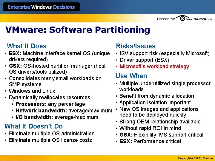 Hosted by VMware: Software Partitioning What It Does • ESX: Machine interface kernel OS