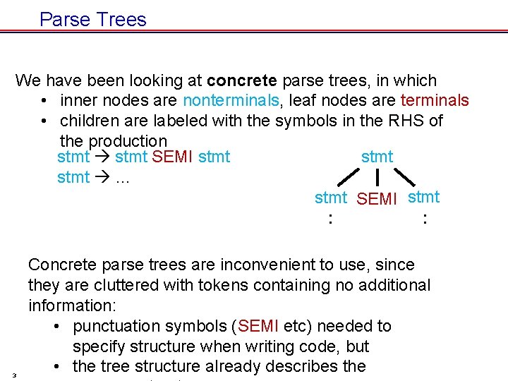 Parse Trees We have been looking at concrete parse trees, in which • inner