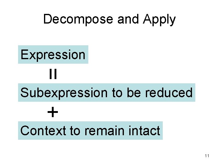 Decompose and Apply Expression = Subexpression to be reduced + Context to remain intact