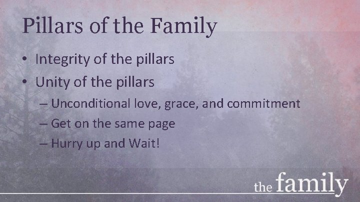 Pillars of the Family • Integrity of the pillars • Unity of the pillars