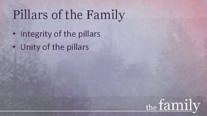 Pillars of the Family • Integrity of the pillars • Unity of the pillars