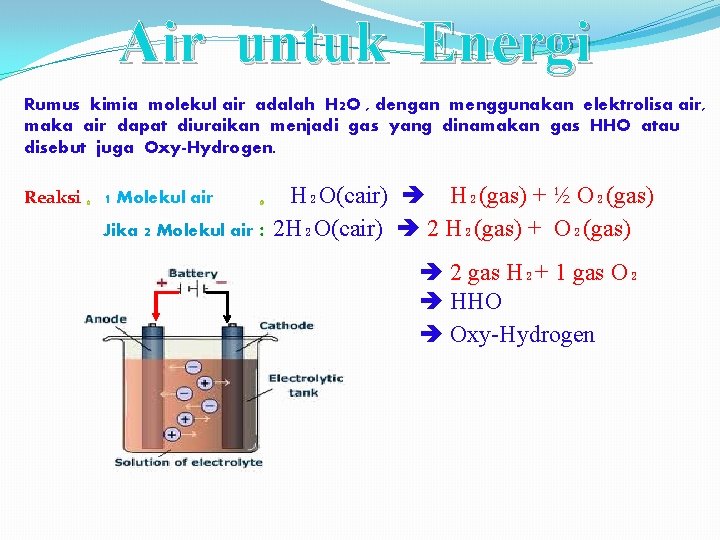 Air untuk Energi Rumus kimia molekul air adalah H 2 O , dengan menggunakan
