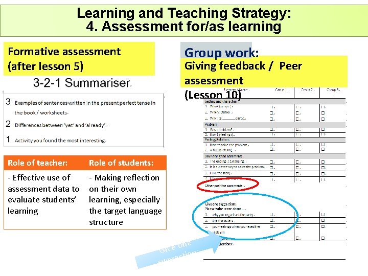 Learning and Teaching Strategy: 4. Assessment for/as learning Group work: Formative assessment (after lesson