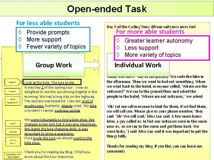 Open-ended Task For less able students ◊ Provide prompts ◊ More support ◊ Fewer
