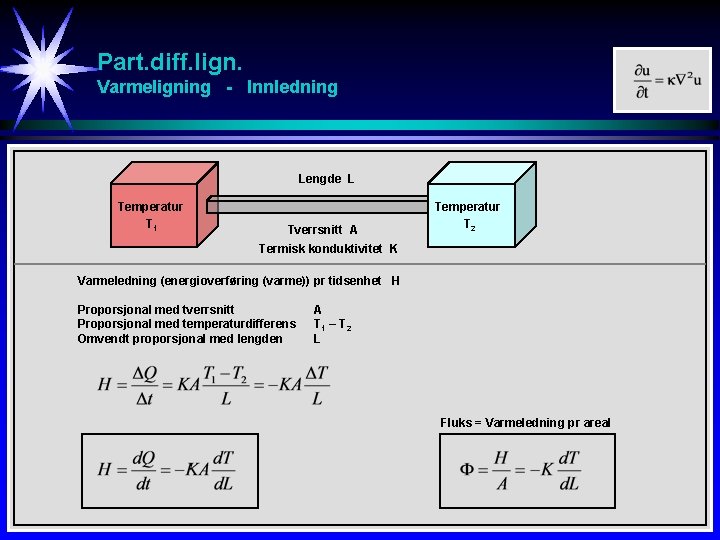 Part. diff. lign. Varmeligning - Innledning Lengde L Temperatur T 1 Tverrsnitt A Temperatur
