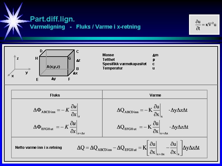 Part. diff. lign. Varmeligning - Fluks / Varme i x-retning D z C H