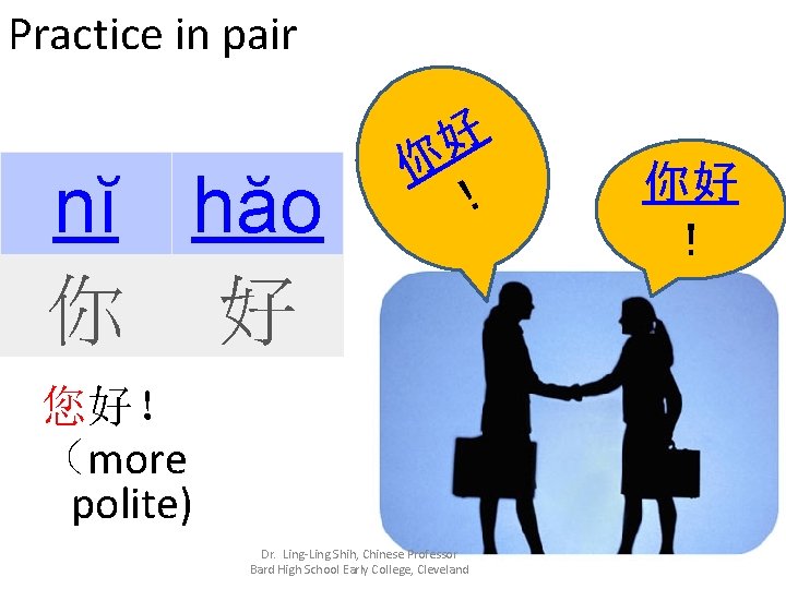 Practice in pair nĭ hăo 你 好 好 你 ！ 您好！ （more polite) Dr.