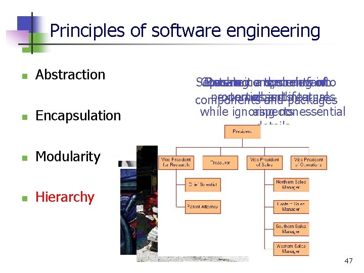 Principles of software engineering n Abstraction n Encapsulation n Modularity n Hierarchy Separate Construct Principles of software engineering n Abstraction n Encapsulation n Modularity n Hierarchy Separate Construct