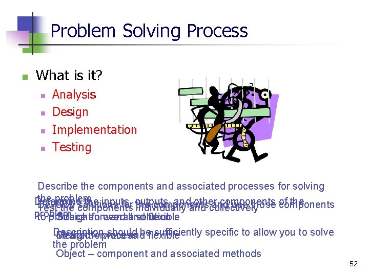 Problem Solving Process n What is it? n n Analysis Design Implementation Testing Describe Problem Solving Process n What is it? n n Analysis Design Implementation Testing Describe