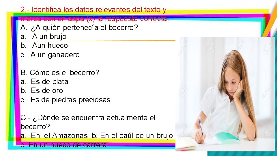 2. - Identifica los datos relevantes del texto y marca con un aspa (x)