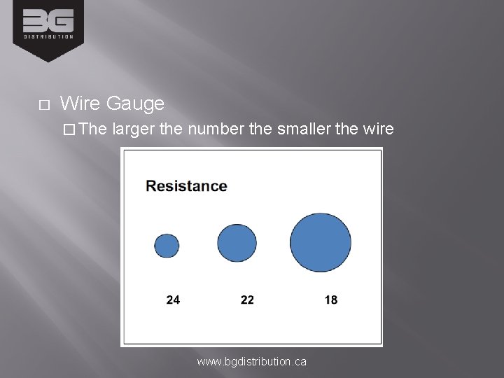 � Wire Gauge � The larger the number the smaller the wire www. bgdistribution.