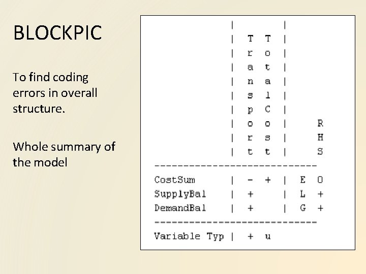 BLOCKPIC To find coding errors in overall structure. Whole summary of the model 
