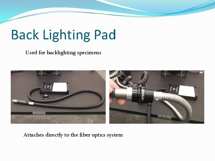 Back Lighting Pad Used for backlighting specimens Attaches directly to the fiber optics system