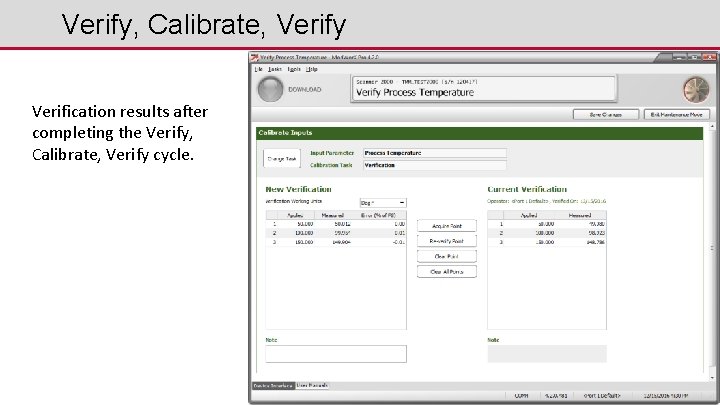 Verify, Calibrate, Verify Verification results after completing the Verify, Calibrate, Verify cycle. 