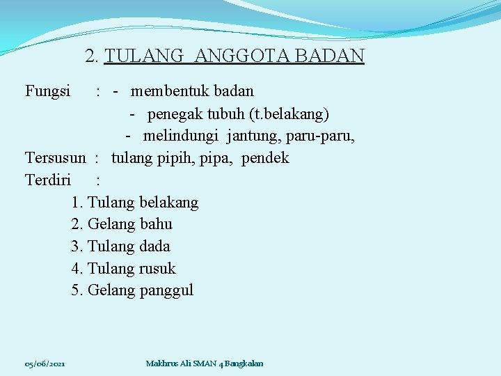 2. TULANG ANGGOTA BADAN Fungsi : - membentuk badan - penegak tubuh (t. belakang)