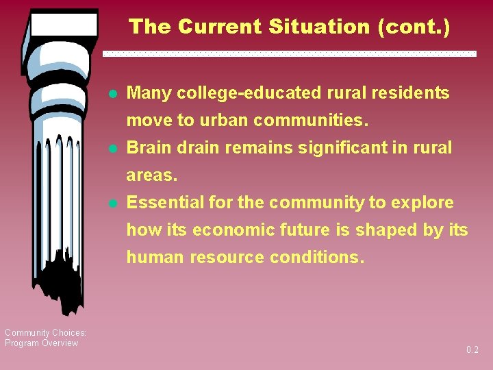 The Current Situation (cont. ) l Many college-educated rural residents move to urban communities.