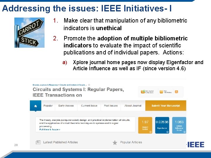 Addressing the issues: IEEE Initiatives- I 1. Make clear that manipulation of any bibliometric