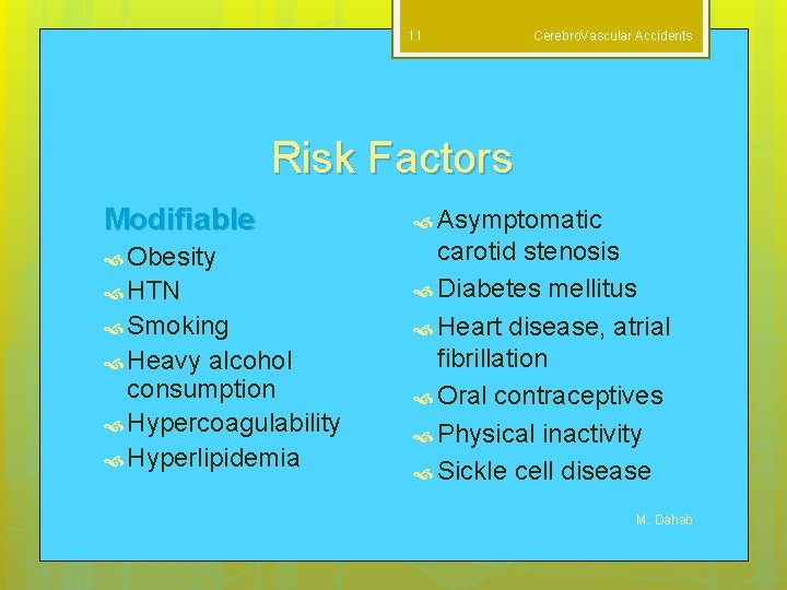 11 Cerebro. Vascular Accidents Risk Factors Modifiable Obesity HTN Smoking Heavy alcohol consumption Hypercoagulability