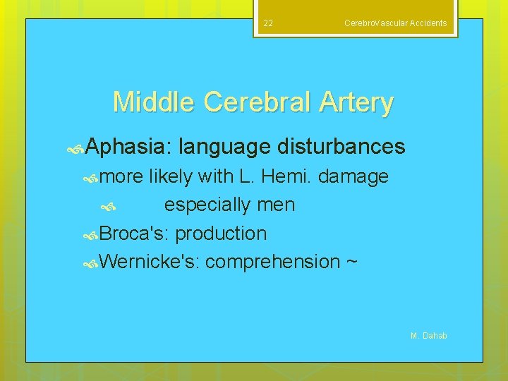 22 Cerebro. Vascular Accidents Middle Cerebral Artery Aphasia: language disturbances more likely with L.