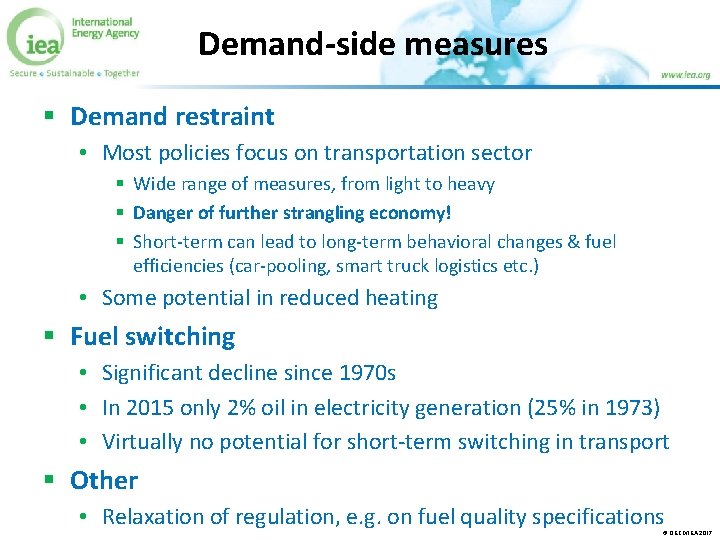 Demand-side measures § Demand restraint • Most policies focus on transportation sector § Wide