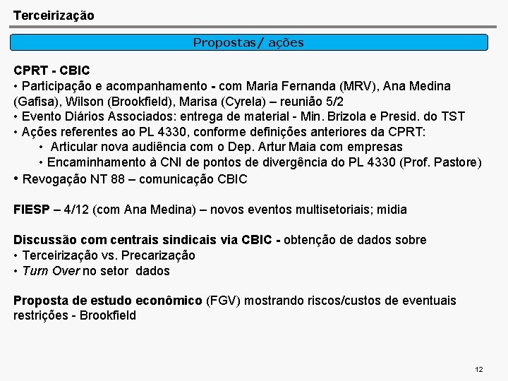 Terceirização Propostas/ ações CPRT - CBIC • Participação e acompanhamento - com Maria Fernanda