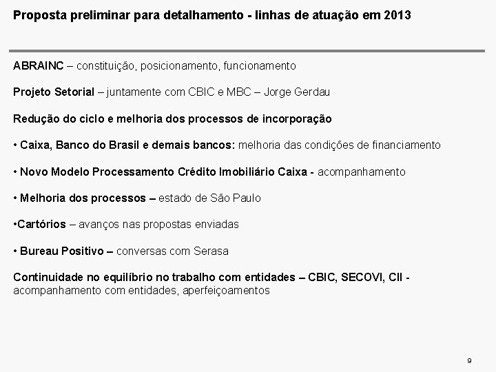 Proposta preliminar para detalhamento - linhas de atuação em 2013 ABRAINC – constituição, posicionamento,