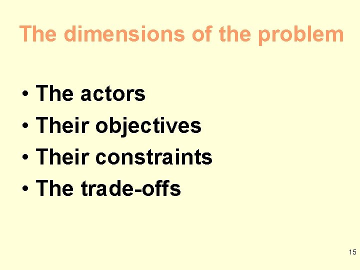 The dimensions of the problem • The actors • Their objectives • Their constraints