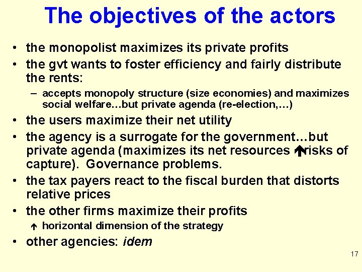 The objectives of the actors • the monopolist maximizes its private profits • the