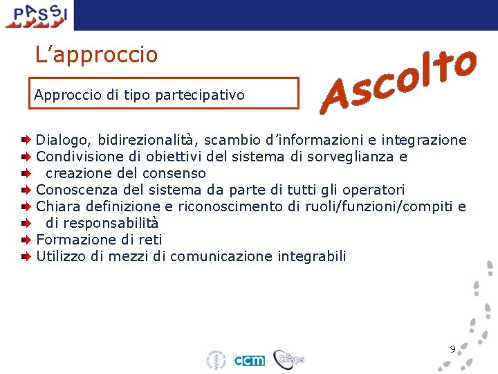 L’approccio Approccio di tipo partecipativo Dialogo, bidirezionalità, scambio d’informazioni e integrazione Condivisione di obiettivi