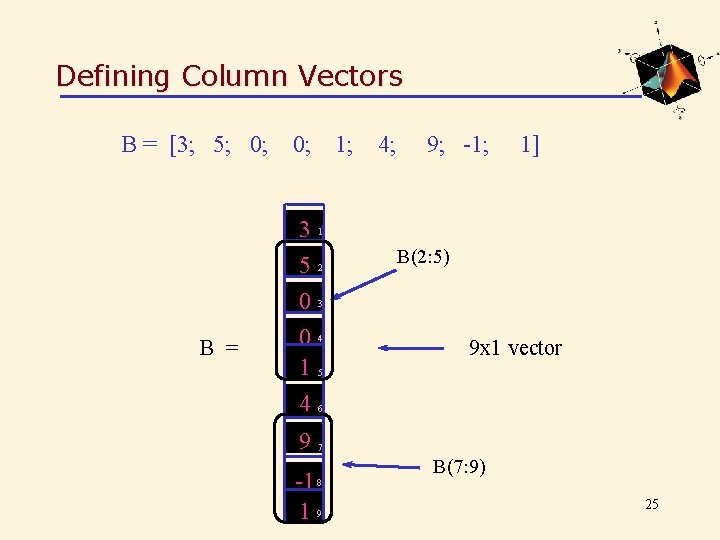Defining Column Vectors B = [3; 5; 0; 0; B = 1; 31 52