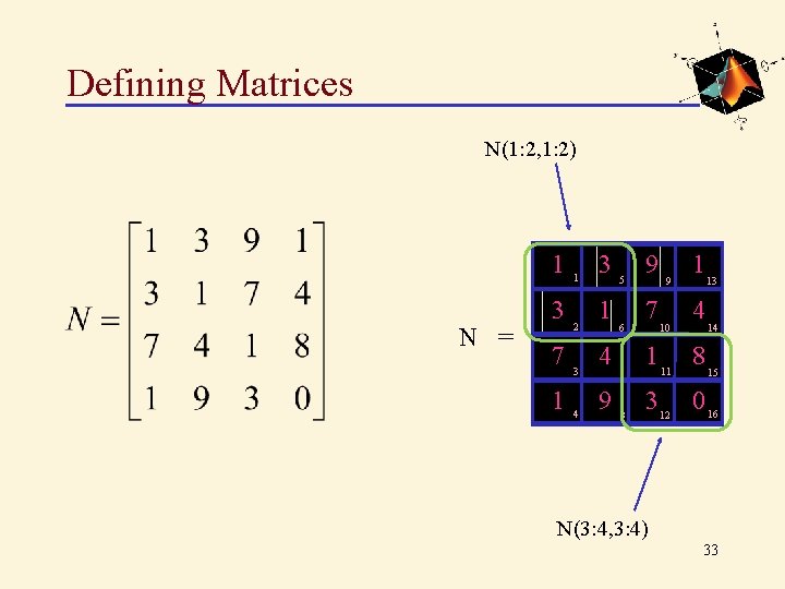 Defining Matrices N(1: 2, 1: 2) 1 N = 3 7 1 1 2