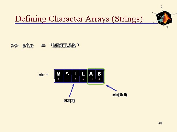 Defining Character Arrays (Strings) >> str = ‘MATLAB‘ str = M A T L