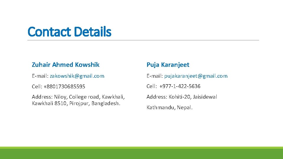 Contact Details Zuhair Ahmed Kowshik Puja Karanjeet E-mail: zakowshik@gmail. com E-mail: pujakaranjeet@gmail. com Cell: