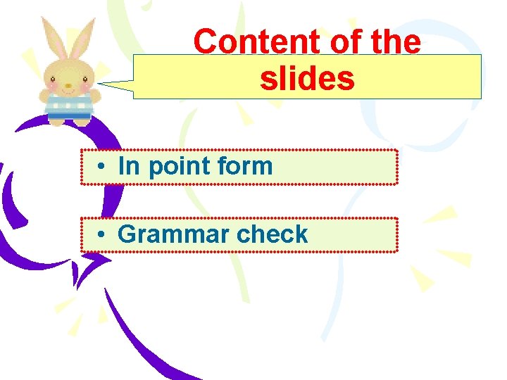 Content of the slides • In point form • Grammar check 