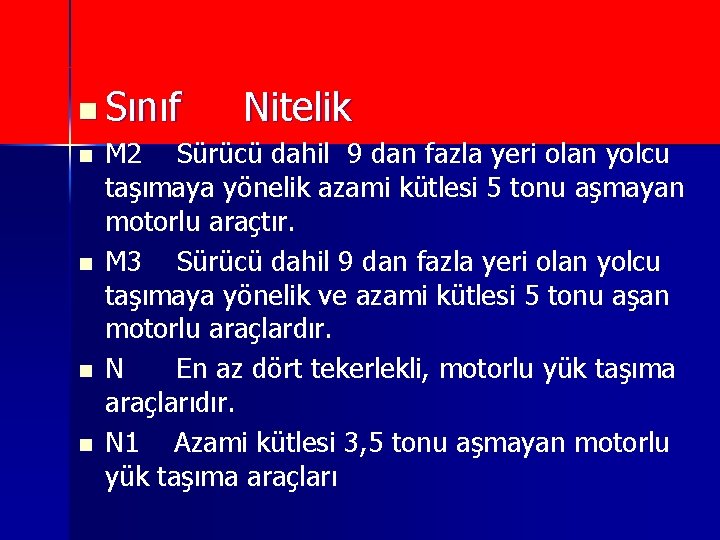 n Sınıf Nitelik n M 2 Sürücü dahil 9 dan fazla yeri olan yolcu