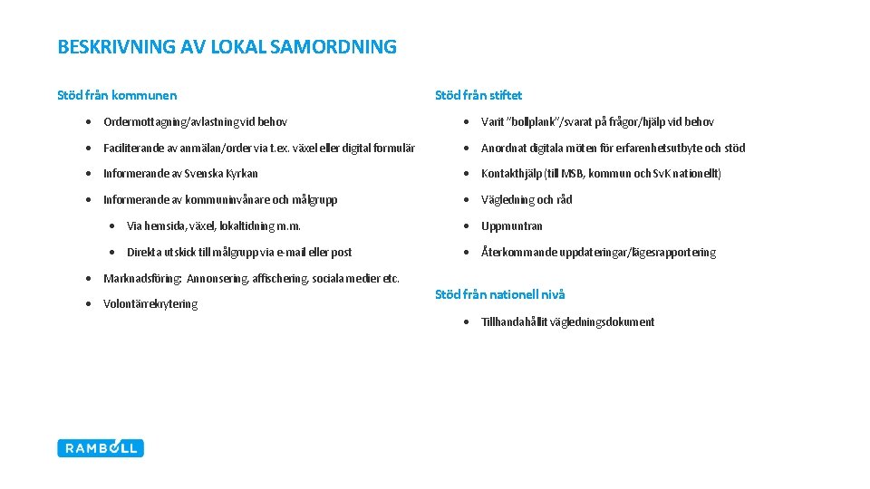 BESKRIVNING AV LOKAL SAMORDNING Stöd från kommunen Stöd från stiftet • Ordermottagning/avlastning vid behov