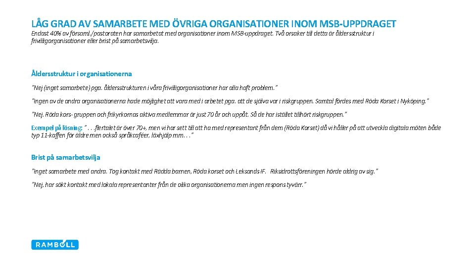 LÅG GRAD AV SAMARBETE MED ÖVRIGA ORGANISATIONER INOM MSB-UPPDRAGET Endast 40% av församl. /pastoraten