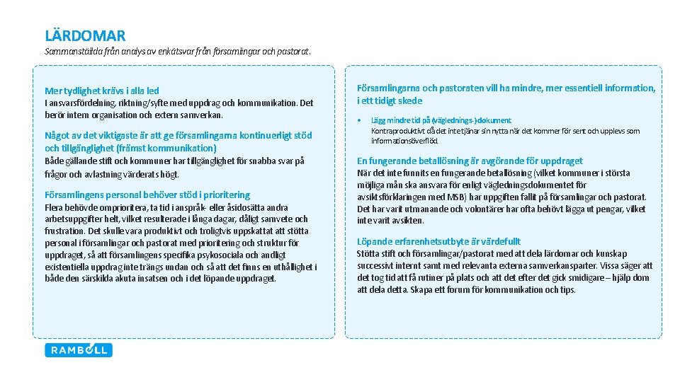 LÄRDOMAR Sammanställda från analys av enkätsvar från församlingar och pastorat. Mer tydlighet krävs i