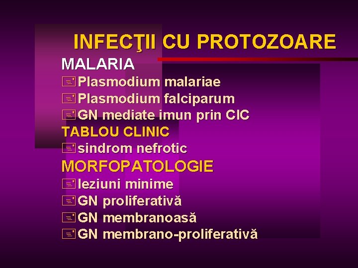 INFECŢII CU PROTOZOARE MALARIA +Plasmodium malariae +Plasmodium falciparum +GN mediate imun prin CIC TABLOU