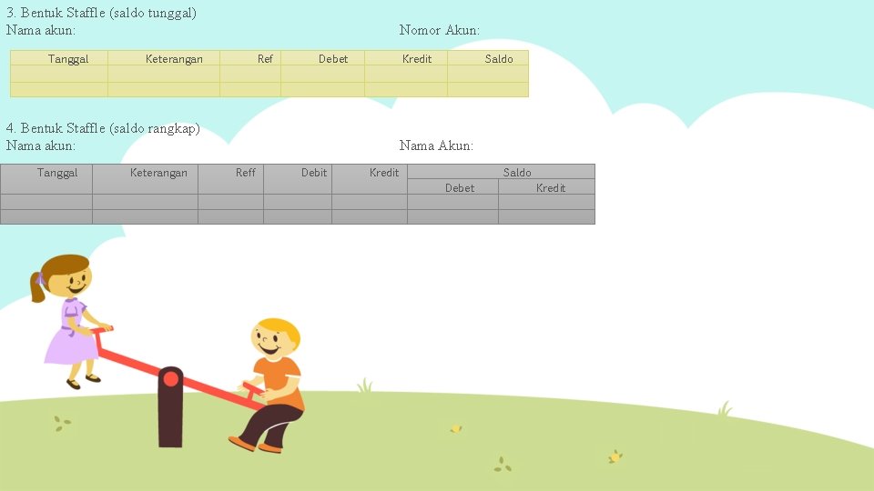 3. Bentuk Staffle (saldo tunggal) Nama akun: Tanggal Nomor Akun: Keterangan Ref Debet Kredit