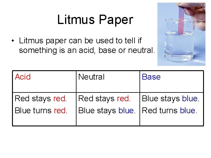 Litmus Paper • Litmus paper can be used to tell if something is an