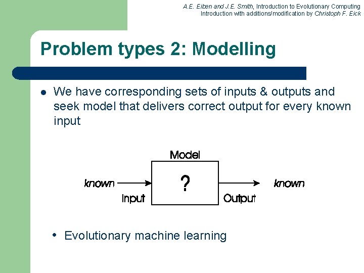 A. E. Eiben and J. E. Smith, Introduction to Evolutionary Computing Introduction with additions/modification