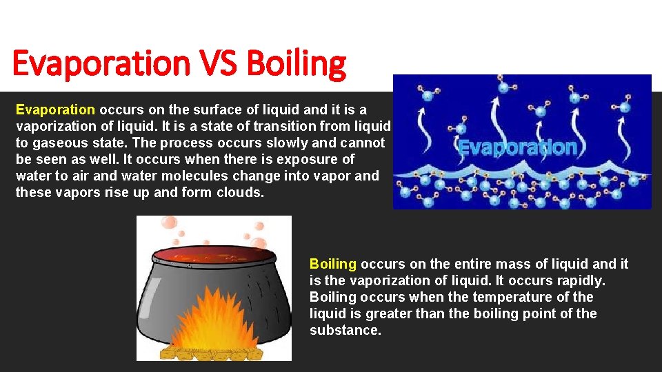 Evaporation VS Boiling Evaporation occurs on the surface of liquid and it is a