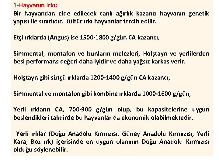 1 Hayvanın Irkı: Bir hayvandan elde edilecek canlı ağırlık kazancı hayvanın genetik yapısı ile